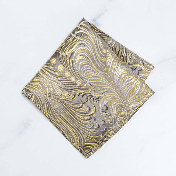 Men's Peacock Pattern Pocket Square by Cathayana | Gold - Picture 1 of 2